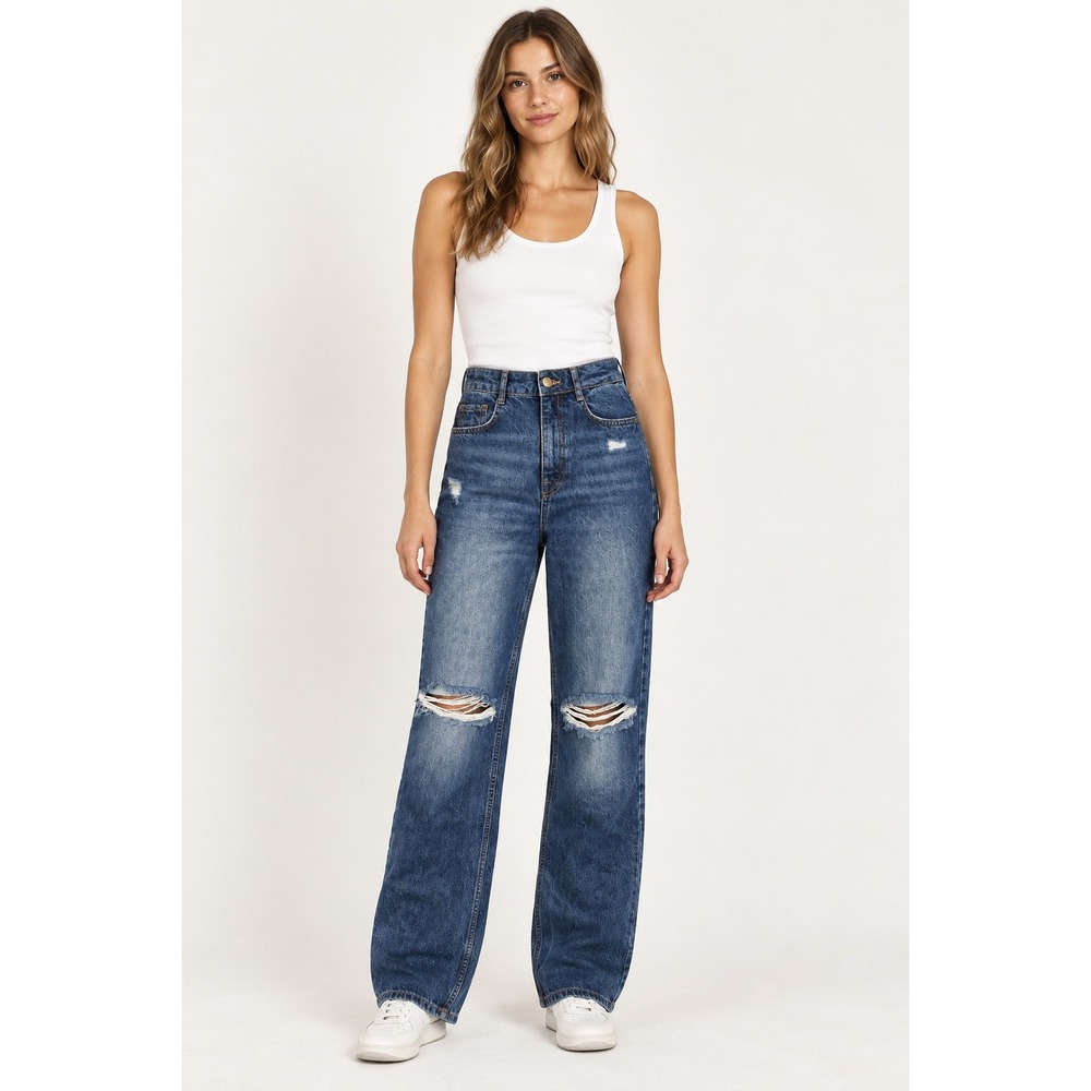 Zara High Rise Wide Leg Jeans Women 4 Blue Distressed Ripped Denim retro Y2K